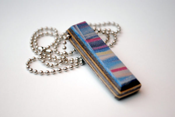 made from recycled skateboards, recycled, skateboards, necklace, ring