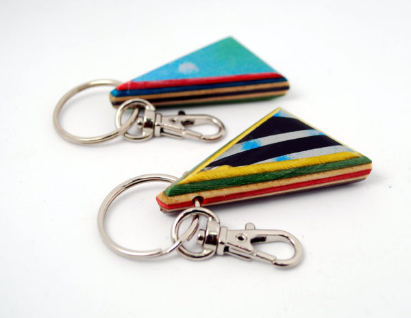wooden keychain, recycled wood, skateboards, gift