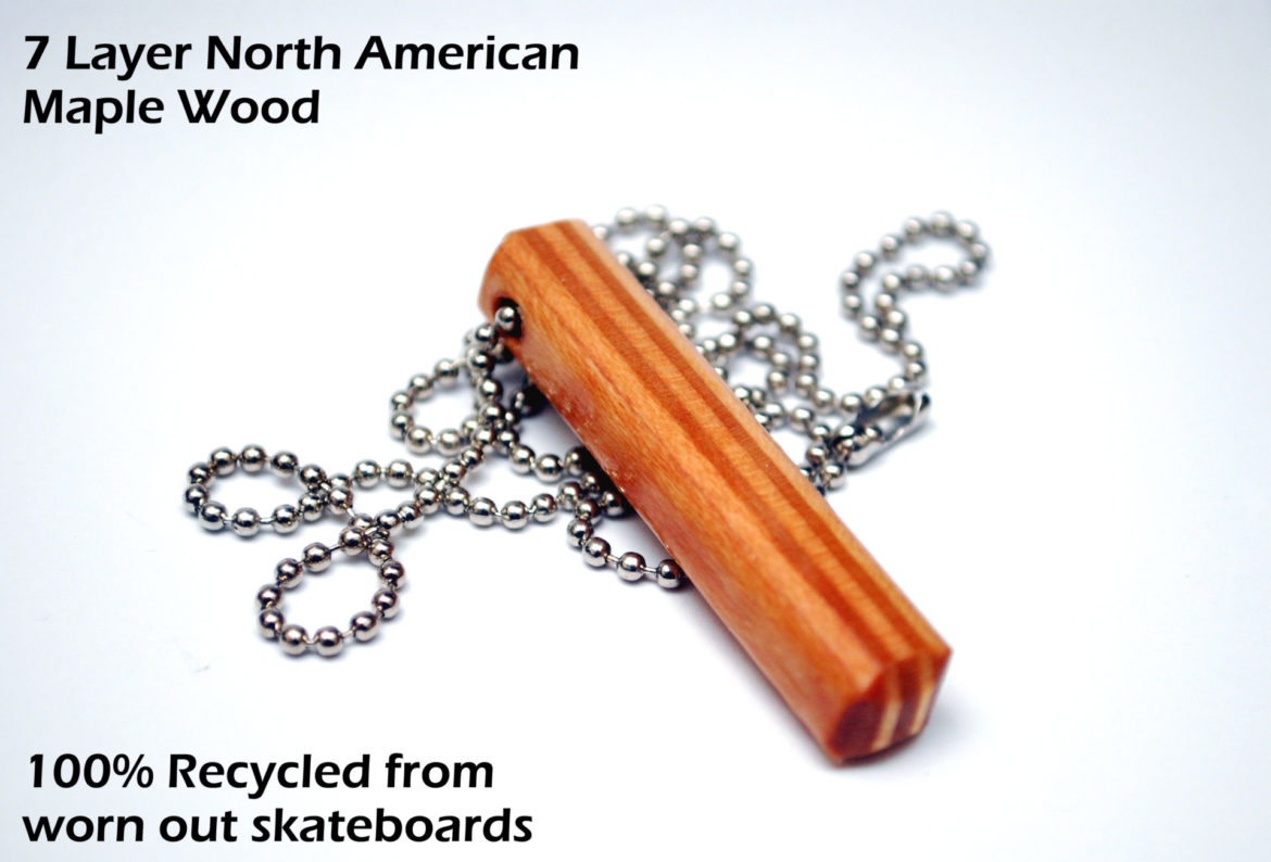 mens, necklace, maple wood, recycled, skateboards
