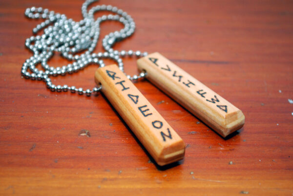 wood pendant necklace, message, burned, recycled, skateboard
