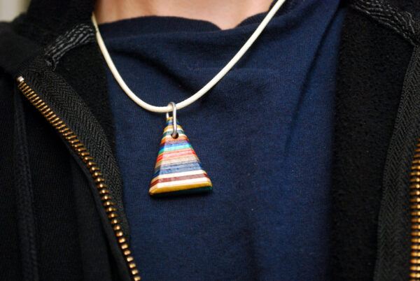 triangle necklace, jewelry, wood, rainbow